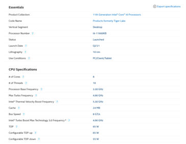 Intel Core i9-11900KB spec sheet (image via Intel)