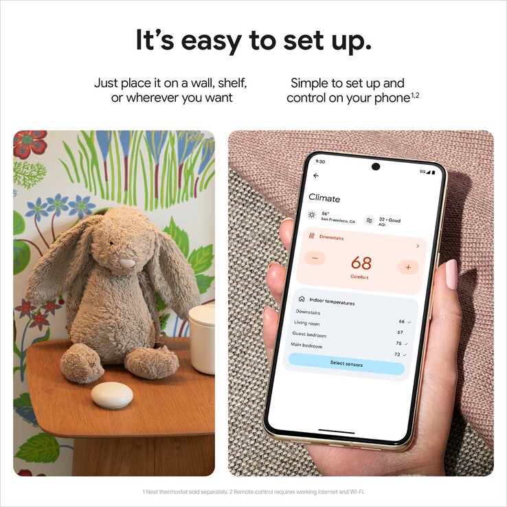 A rounder, somewhat squishier temperature sensor. The Google Home app shows a new Climate screen displaying an air quality index – a first for Nest thermostats. (Image source: @MysteryLupin on X)
