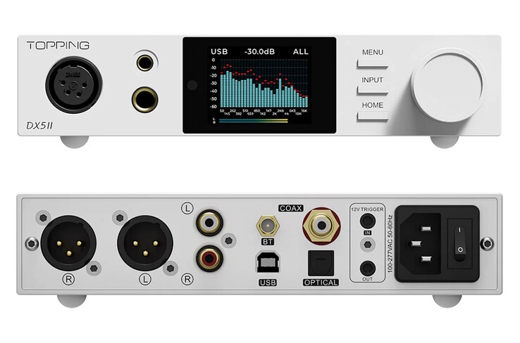 The Topping DX5 II DAC has 3.5 mm, 4.4 mm, 6.4 mm, and XLR headphone jacks, RCA speaker connectors, and SPDIF and USB input ports. (Image source: Topping)