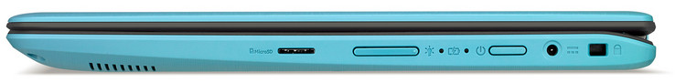 Right side: card reader (MicroSD), volume rocker, power button, power connection, slot for Kensington Lock