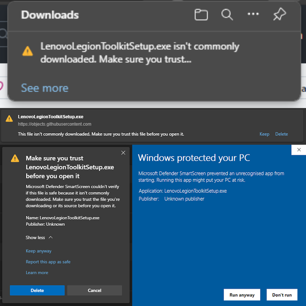 Look, see, in that last one Windows already has the whole "nannying you over potentially risky software" thing down pat - I don't need to hear Edge saying the same thing three separate times. (Image Source: Own)