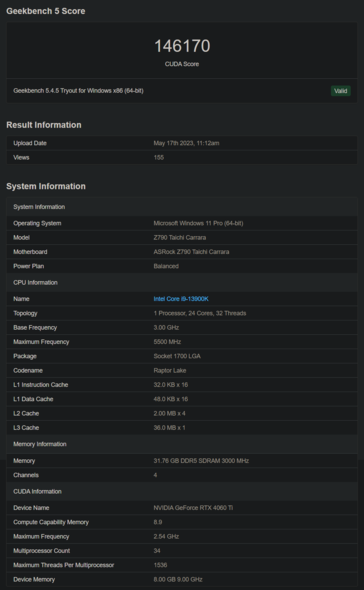 Nvidia GeForce RTX 4060 Ti Geekbench (Image via Geekbench)