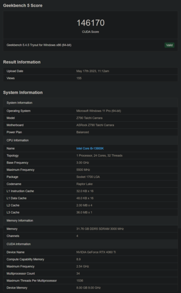 Nvidia GeForce RTX 4060 Ti Geekbench (รูปภาพผ่าน Geekbench)