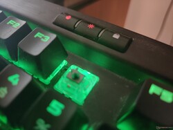 The keyboard settings control keys are on the top left. The Cherry MX Speed switch allows plenty of RGB light to shine through.