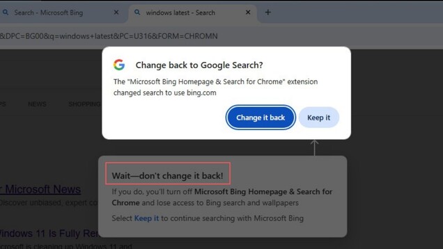 Chrome suggests switching back to Google Search, while Microsoft’s extension urges users to stick with Bing.