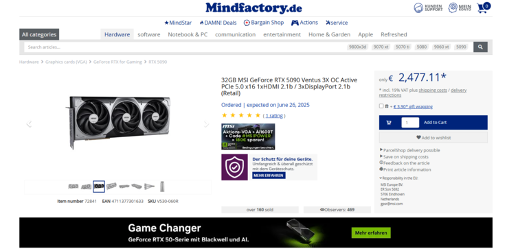 The MSI RTX 5090 Ventus 3X OC's current price (Image source: Mindfactory)