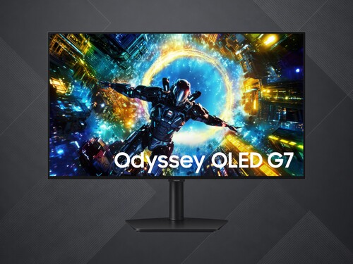 Front of 32-inch Samsung Odyssey G7 4K OLED monitor shown