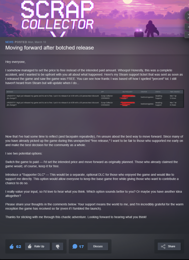 The developer's statement, posted on March 10. (Image source: Steam community)