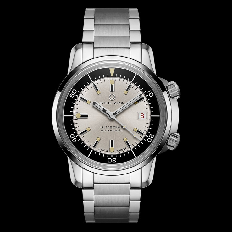 The Sherpa Ultradive Tuxedo watch features a galvanized silver dial (Image source: Sherpa)