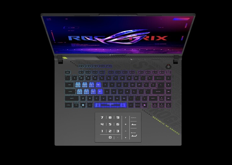 The 16-inch Asus ROG Strix G16 gaming laptop features a keyboard without an numpad. A virtual numpad is present courtesy of the touchpad.