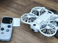 The DJI Neo 3 next to its RC Mini remote control, right to left.