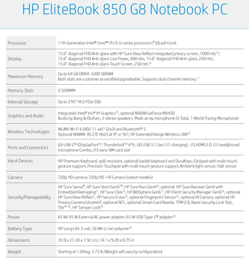 HP EliteBook 850 G8 - Specifications. (Image Source: HP)