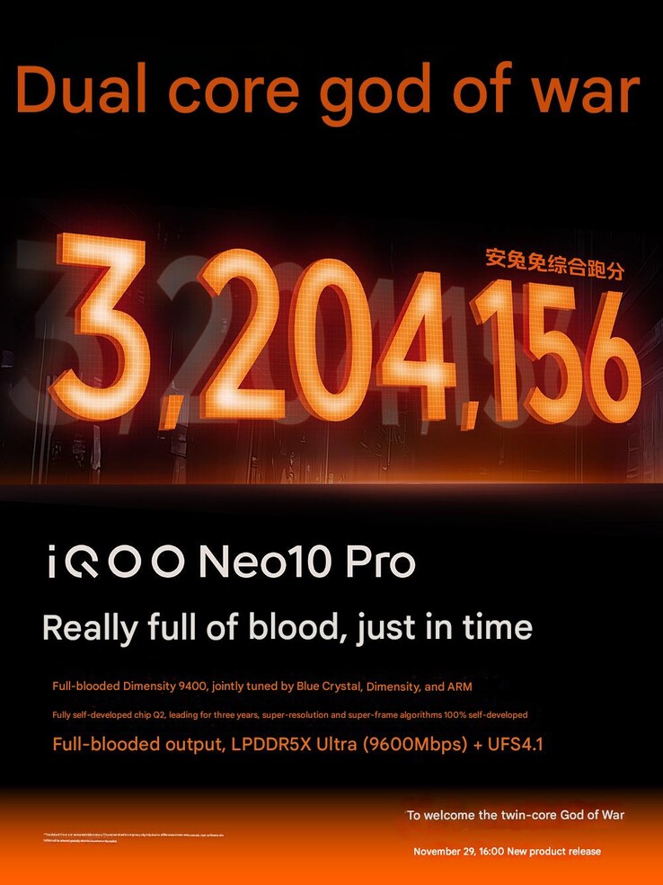 iQoo Neo 10 Pro record-breaking AnTuTu score (Image source: iQoo - machine translated)