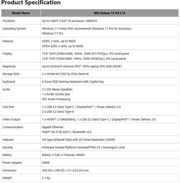 MSI Katana 15 HX C14 spec sheet.