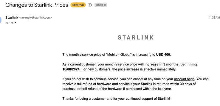 移动全球层的 Starlink 互联网价格将翻倍