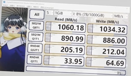 CrystalDiskMark 8 results from Dockcase's live video. Scores indicate the enclosure fully supports USB 3.2 Gen 2 speeds. (Image via Dockcase)