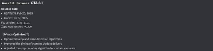 The release notes for the Amazfit Balance OTA 8.1 update. (Image source: Zepp Health via Discord)