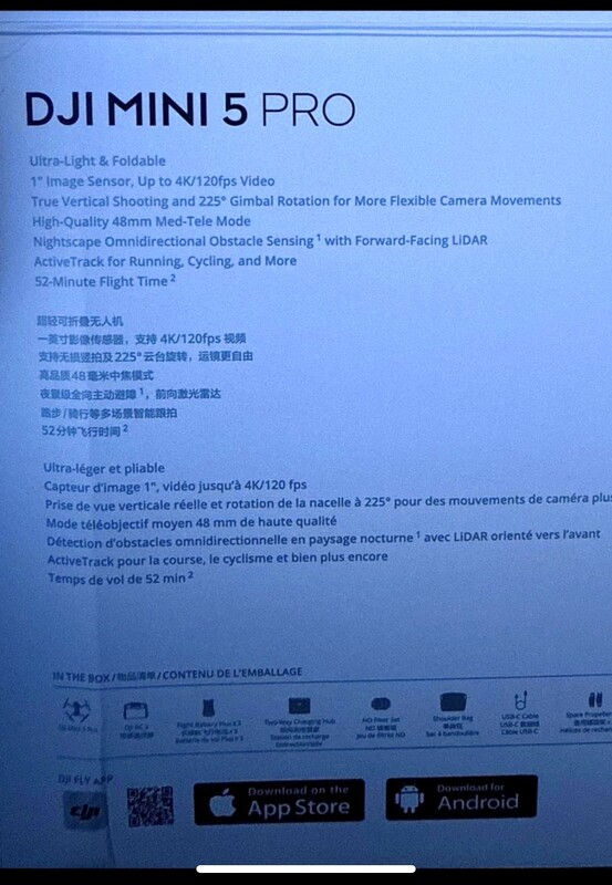The back of a DJI Mini 5 Pro Fly More Plus Combo confirms 52 minutes of flight time. (Image source: Reddit)