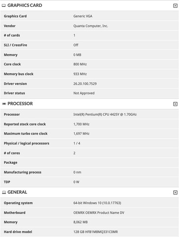 The supposed Pentium Gold 4425Y version of the Surface Go 2. (Image source: 3DMark via @_rogame)