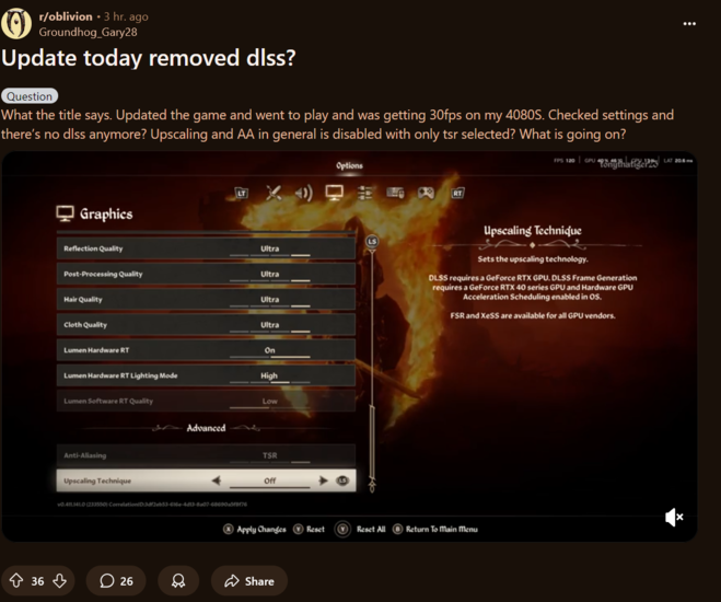 The Elder Scrolls IV: Oblivion Remastered DLSS missing Reddit post (Image source: screenshot, Oblivion subreddit)
