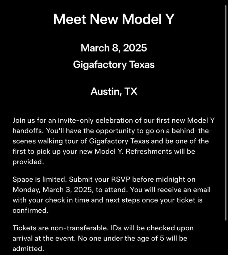 The Model Y Juniper refresh launch date invitation for Giga Texas