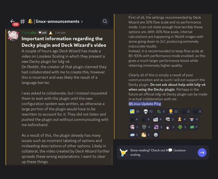 A Discord announcement by PancakeTAS clarifying that they were not involved in the creation of the Decky plug-in for LSFG-VK, criticising the default settings used in the plugin and stating they will not provide support for it. (Image source: Discord/@PancakeTAS)