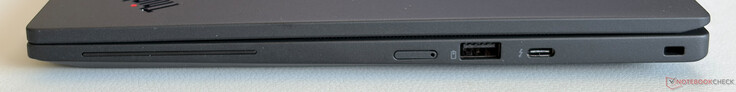 Right side: Nano-SIM card slot, USB-A 3.2 Gen.2 (5 Gbps, Powered), USB-C 4.0 w/ Thunderbolt 4 (40 Gbps, DisplayPort 2.1, Power Delivery), Kensington Nano Security slot