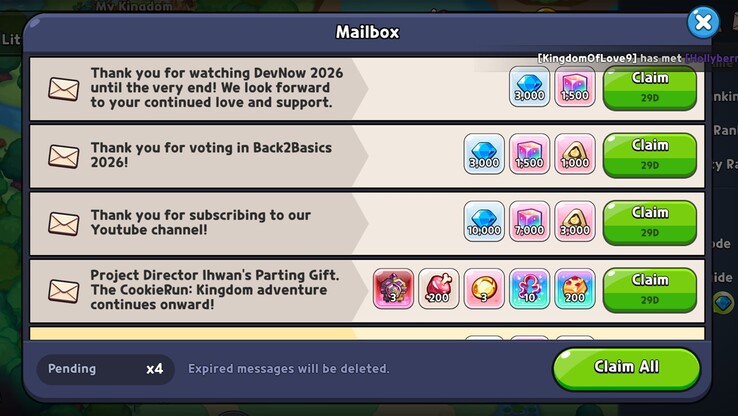 CookieRun: Kingdom’s mailbox shows several pending reward claims tied to recent promos and event campaigns, including DevNow 2026, Back2Basics 2026, YouTube subscriber rewards, and Project Director Ihwan’s parting gift.