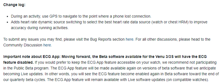 The change log for Garmin beta version 10.08 for the Venu 3 series smartwatches. (Image source: Garmin)