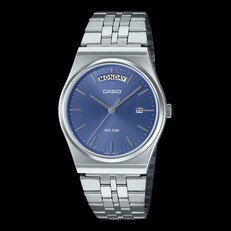Casio MTP-B146D-2AV stainless steel watch featuring a light blue sunburst dial, silver bracelet, day display at 12 o'clock, and date window at 3 o'clock.
