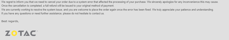 Email sent to customers by ZOTAC. (Image Source: Reddit) 