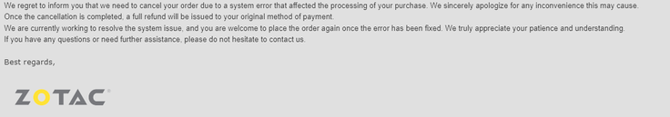 Email sent to customers by Zotac. (Image Source: Reddit post) 