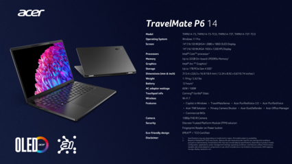 Acer TravelMate P6 14: Specifications. (Source: Acer)