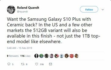The Galaxy S10 Plus 512 GB will also sport a Ceramic Black finish. (Source: Roland Quandt on Twitter)