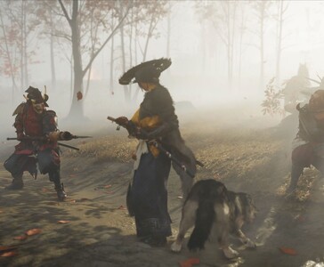 Atsu, the female samurai, stands ready in a misty forest with her wolf companion, surrounded by enemy warriors. (Image source: Sucker Punch Productions)