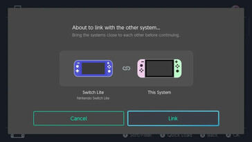 Step 2 of linking Nintendo Switch consoles for Virtual Game Card sharing: This screen, titled 'About to link with the other system...', instructs the user to bring the Nintendo Switch consoles close to each other before pressing the 'Link' button.