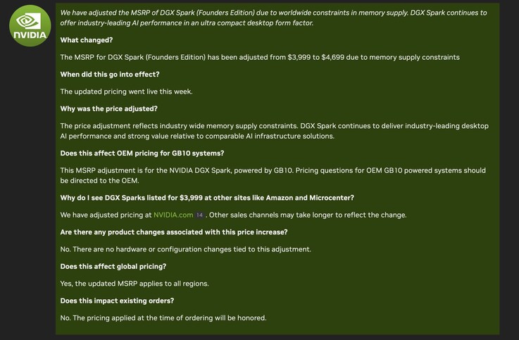 Nvidia updates pricing for its DGX Spark mini workstation PC.