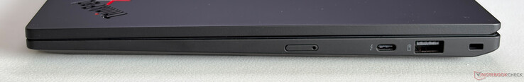 Right: Nano SIM-card slot, USB-C 4.0 w/ Thunderbolt 4 (40 Gbps, DisplayPort 2.1, Power Delivery), USB-A 3.2 Gen. 1 (5 Gbps, always-on), Kensington Nano Security slot