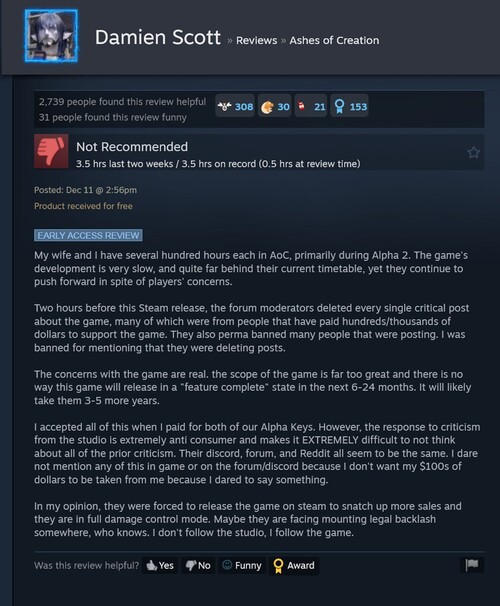 Ashes of Creation Steam review with censorship claim (Image source: screenshot, Steam)