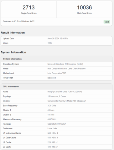 Intel Core Ultra 7 268V Geekbench score (image via Geekbench)