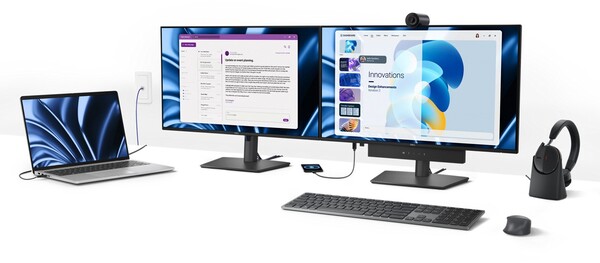 Two Dell Pro P 27 USB-C Hub Monitors side by side, one of which has a webcam and a soundbar attached.
