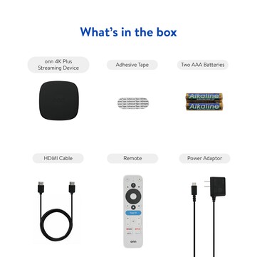 The Onn 4K Plus comes with a power brick, adhesive tape, and an HDMI cable. (Image source: Walmart)