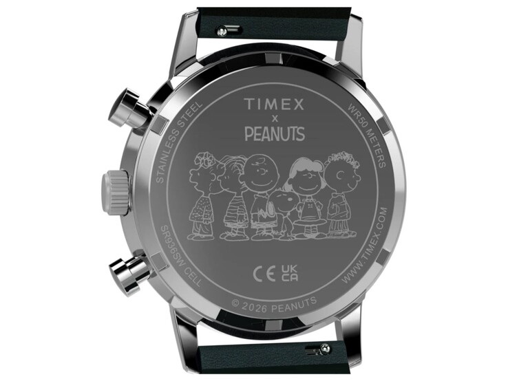 Rear view of the Timex Peanuts x Marlin Chronograph showing the engraved Peanuts caseback