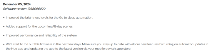 The release notes for the Philips Hue Bridge software version 1968096020 . (Image source: Philips Hue)