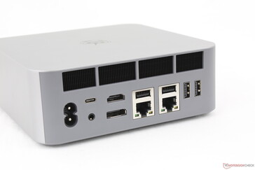 Rear: AC power (No external power brick), USB-C Thunderbolt 4 w/ DisplayPort + Power Delivery, 3.5 mm headset, HDMI (4K@60), DisplayPort 1.4 (4K@144), 2x RJ-45 (2.5 Gbps), 4x USB-A 3.0 (10 Gbps)