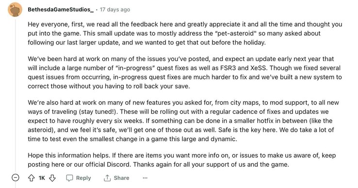 Bethesda's statement on Reddit (Source: Reddit)