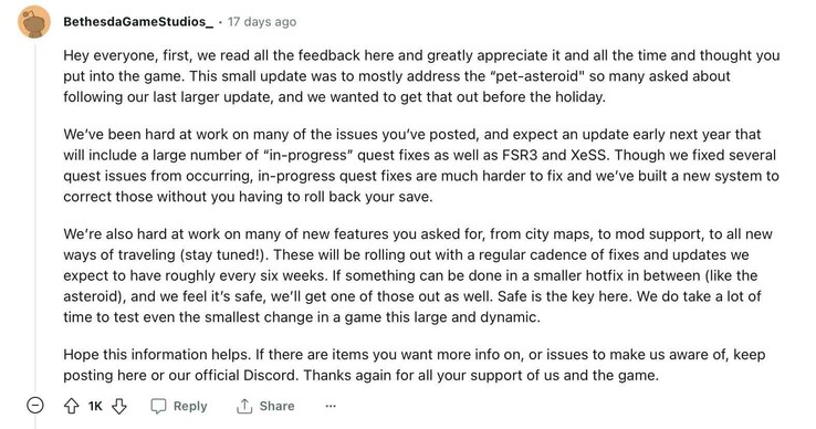 Bethesda's statement on Reddit (Source: Reddit)