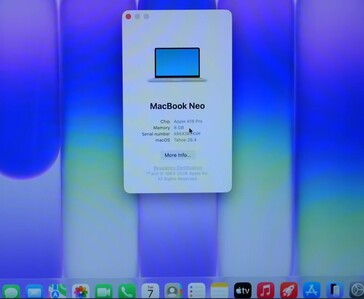 About This Mac window on the MacBook Neo showing Apple A18 Pro chip, 8 GB memory, and macOS Tahoe 26.4