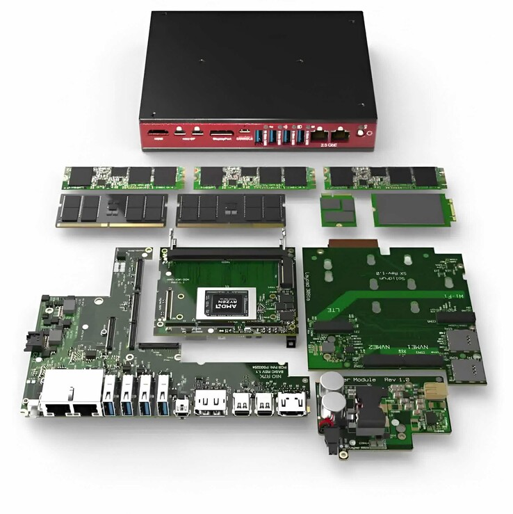 The Bedrock RAI300 fanless mini PC can be equipped with plenty of modules for expansion. (Image source: SolidRun)