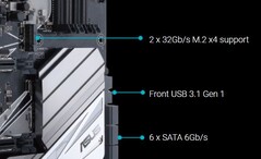 An Asus motherboard showing the rated throughput of the M.2 slots. (Source: Asus)
